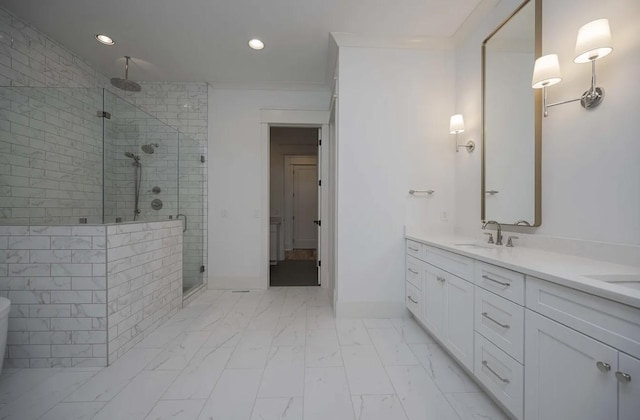 1019 Glasgow Dr, Murfreesboro, TN 37130 - bathroom with double vanity, a stall shower, recessed lighting, marble finish floor, and a sink