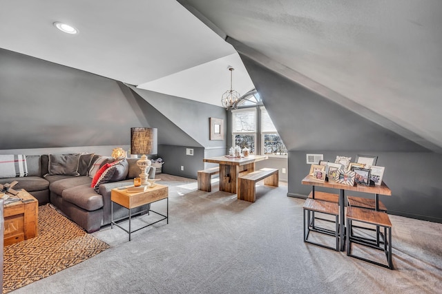 carpeted living area featuring lofted ceiling, visible vents, an inviting chandelier, and recessed lighting