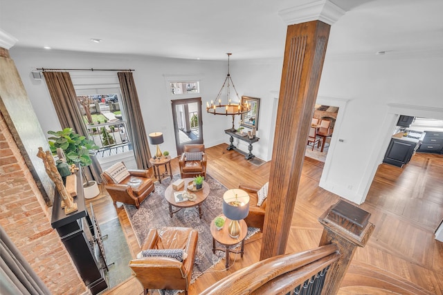 living room with recessed lighting, parquet floors, crown molding, baseboards, and a chandelier