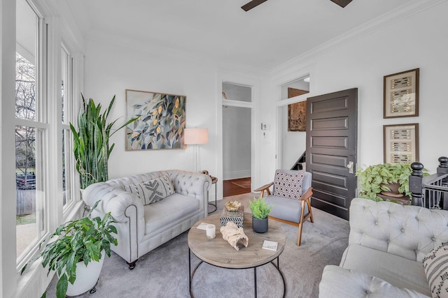 living area with stairway, ceiling fan, and crown molding