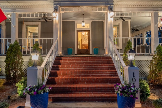 property entrance with a porch and ceiling fan