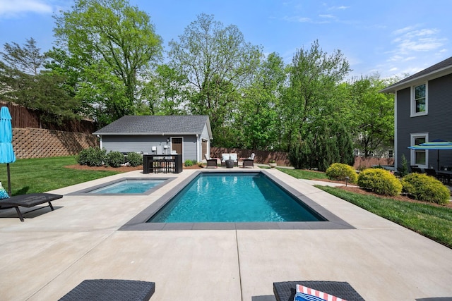view of pool with a patio area, a fenced backyard, an outdoor structure, a hot tub, and a fenced in pool