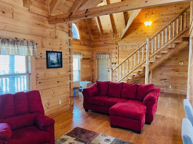 1041 High Meadow Dr, Spencer, TN 38585 - living room featuring stairway, wooden walls, wood ceiling, and lofted ceiling with beams