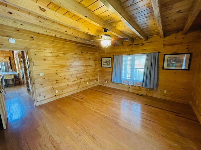 1041 High Meadow Dr, Spencer, TN 38585 - empty room with wooden walls, beamed ceiling, ceiling fan, wood ceiling, and wood finished floors