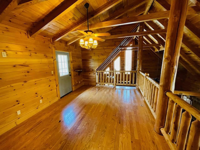 1041 High Meadow Dr, Spencer, TN 38585 - bonus room featuring wooden ceiling, lofted ceiling with beams, ceiling fan, wood finished floors, and wood walls