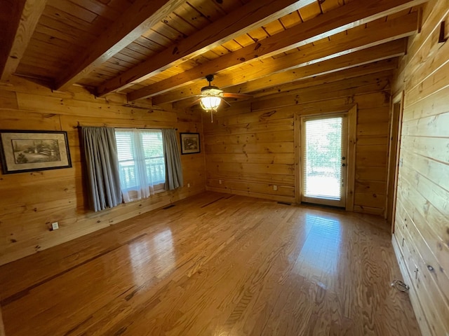 1041 High Meadow Dr, Spencer, TN 38585 - empty room featuring wooden walls, beam ceiling, plenty of natural light, and wood finished floors