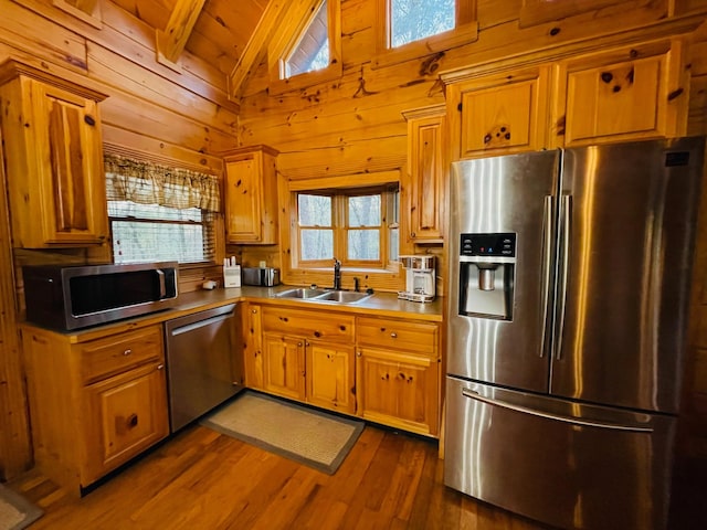 1041 High Meadow Dr, Spencer, TN 38585 - kitchen with a sink, dark wood-style flooring, appliances with stainless steel finishes, wood ceiling, and vaulted ceiling with beams