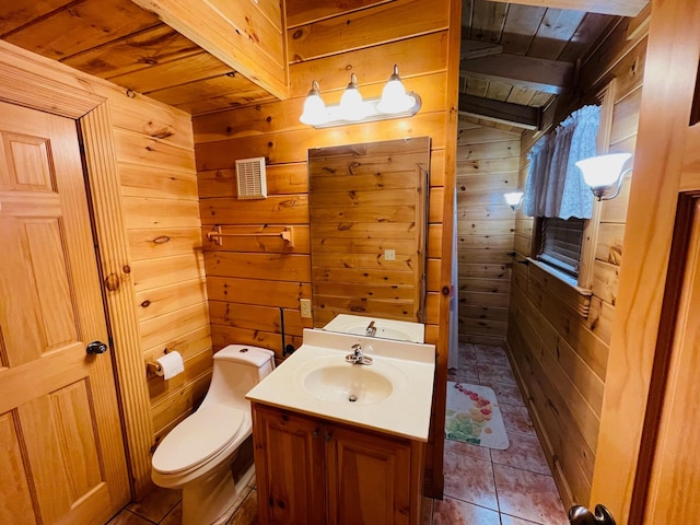 1041 High Meadow Dr, Spencer, TN 38585 - half bathroom featuring toilet, wooden ceiling, wooden walls, and vanity