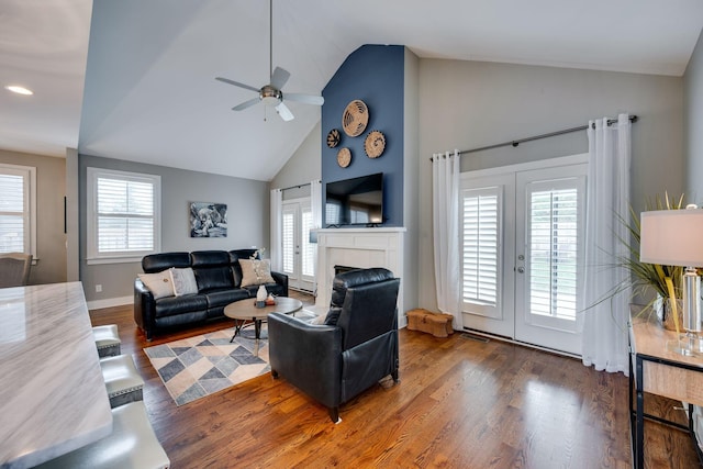 72 Twin St, Nashville, TN 37209 - living room with wood finished floors, ceiling fan, high vaulted ceiling, and a tile fireplace