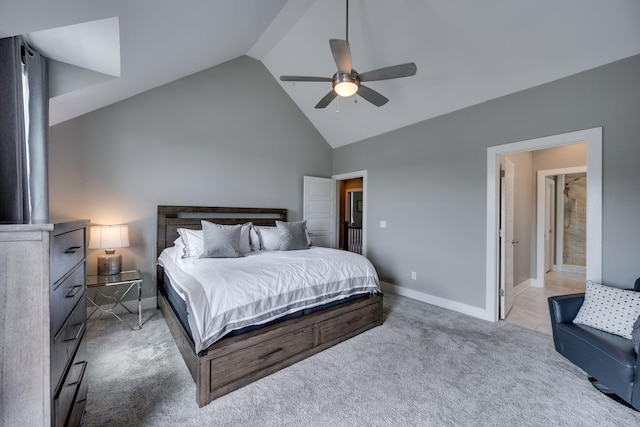 72 Twin St, Nashville, TN 37209 - bedroom with high vaulted ceiling, baseboards, a ceiling fan, and carpet