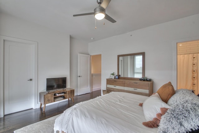 bedroom with wood finished floors and ceiling fan
