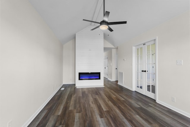 438 Pacific Ave, Oak Grove, KY 42262 - unfurnished living room featuring visible vents, a ceiling fan, dark wood finished floors, a fireplace, and french doors