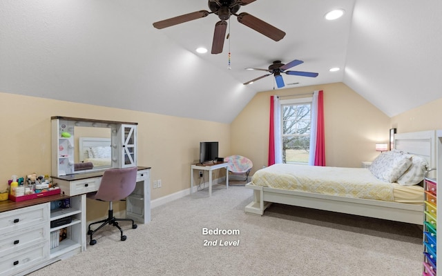carpeted bedroom with recessed lighting, baseboards, a ceiling fan, and lofted ceiling