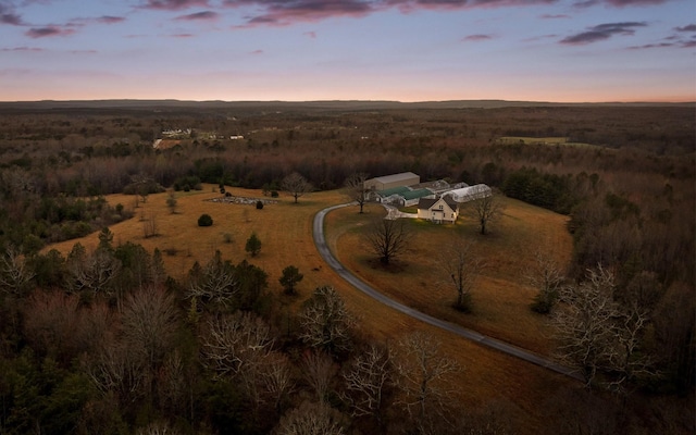 birds eye view of property featuring a rural view and a wooded view