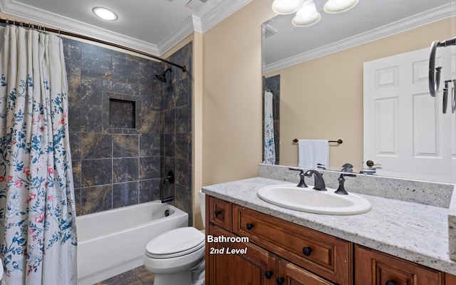 bathroom featuring vanity, shower / bath combination with curtain, ornamental molding, and toilet