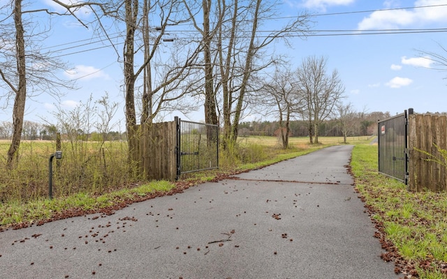 view of street with a gated entry, a gate, and aphalt driveway