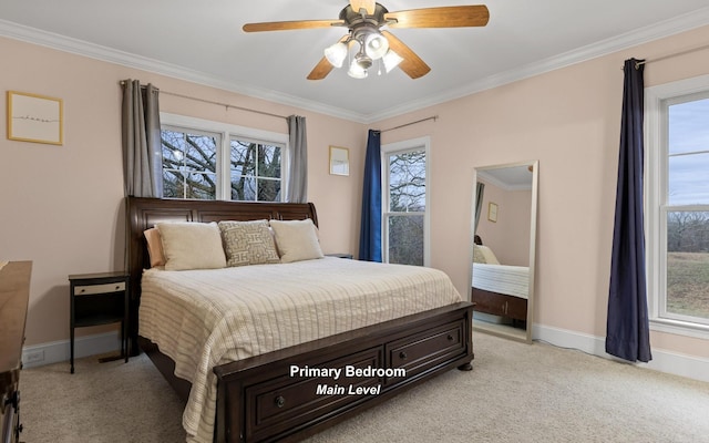 bedroom with crown molding, baseboards, ceiling fan, and light carpet