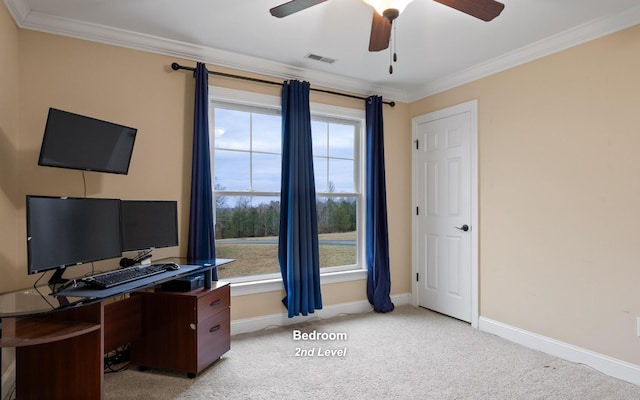 office area with light colored carpet, visible vents, baseboards, and crown molding