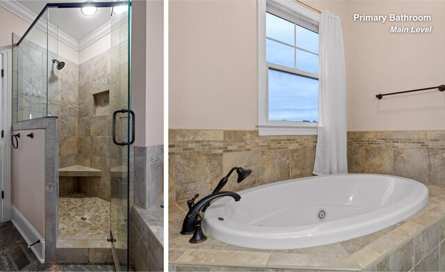 10600 Skyridge Trl, Soddy Daisy, TN 37379 - bathroom with a whirlpool tub, a stall shower, and crown molding