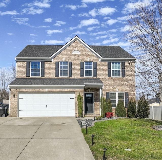 traditional-style home with a front yard, brick siding, fence, concrete driveway, and an attached garage