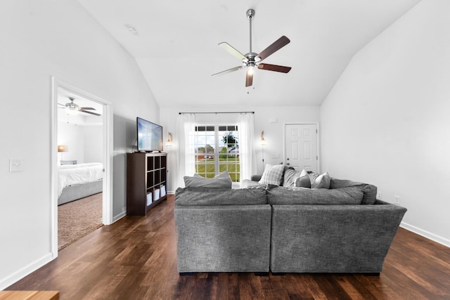 living room with dark wood-type flooring, ceiling fan, baseboards, and vaulted ceiling
