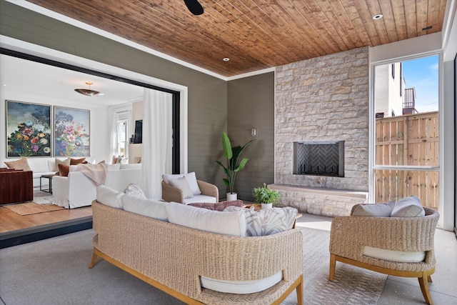 2109 10th Ave S, Nashville, TN 37204 - living room featuring an outdoor stone fireplace and wood ceiling