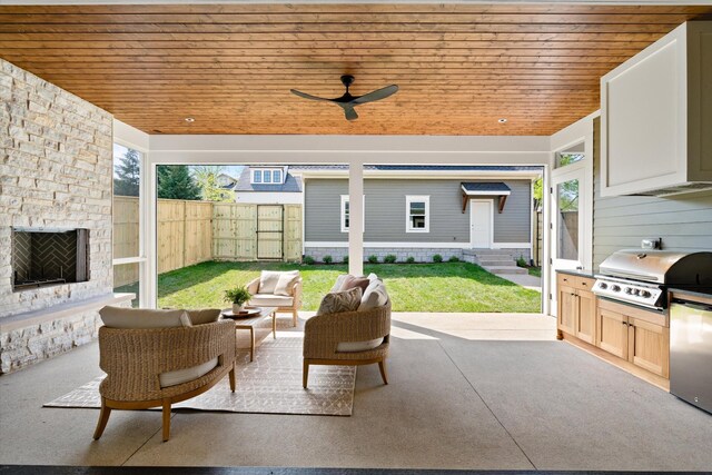 2109 10th Ave S, Nashville, TN 37204 - view of patio / terrace with an outdoor hangout area, area for grilling, entry steps, ceiling fan, and fence