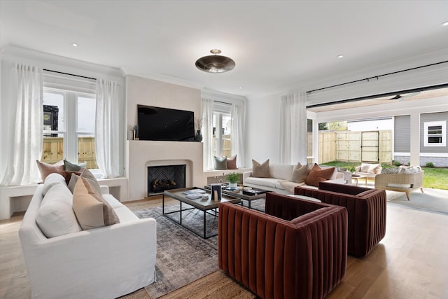 2109 10th Ave S, Nashville, TN 37204 - living room with light wood-style floors, a healthy amount of sunlight, a fireplace, and ornamental molding