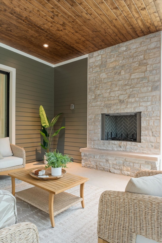 2109 10th Ave S, Nashville, TN 37204 - living area featuring recessed lighting, wooden ceiling, and an outdoor stone fireplace