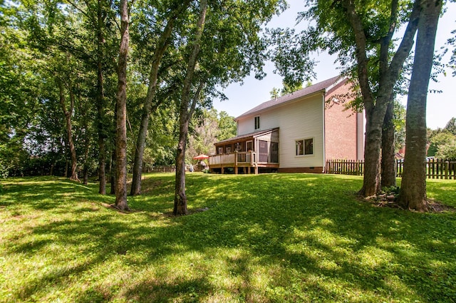 view of yard featuring a deck and fence