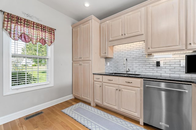 134 Joe Blanton Rd, Woodbury, TN 37190 - kitchen with backsplash, dishwasher, visible vents, a sink, and light wood-style floors