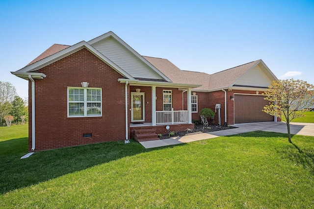 134 Joe Blanton Rd, Woodbury, TN 37190 - ranch-style house with a front yard, a porch, an attached garage, brick siding, and driveway