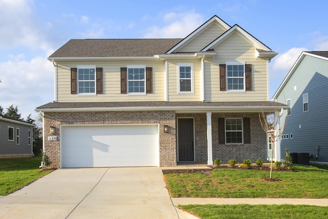 view of front of home featuring concrete driveway, covered porch, a front yard, an attached garage, and brick siding