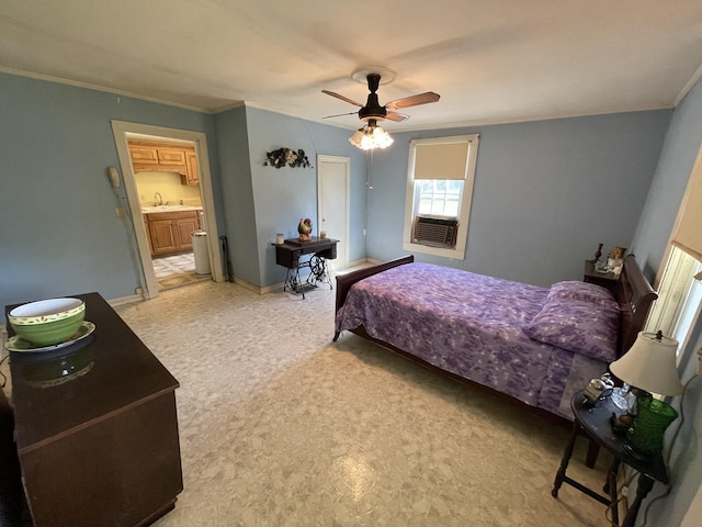 312 Neal St, Huntland, TN 37345 - bedroom featuring ensuite bathroom, ornamental molding, ceiling fan, cooling unit, and light carpet