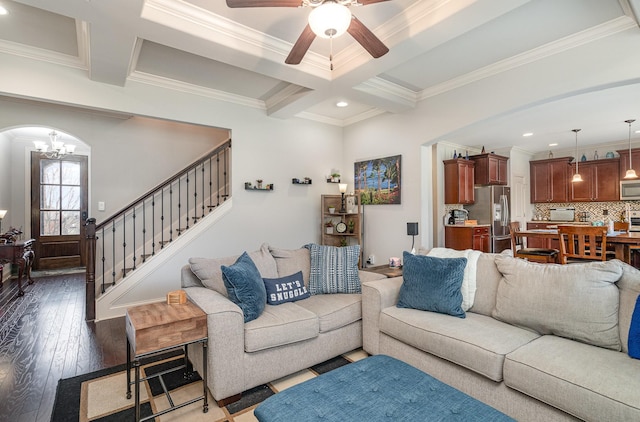 5344 Highland Place Way, Hermitage, TN 37076 - living area with a chandelier, crown molding, arched walkways, stairs, and wood-type flooring