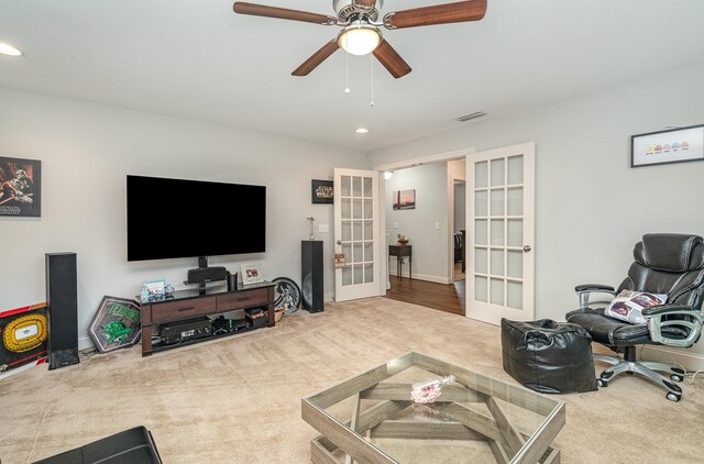 5344 Highland Place Way, Hermitage, TN 37076 - living area featuring french doors, carpet floors, recessed lighting, and ceiling fan