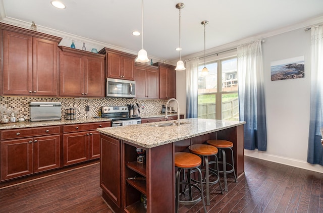 5344 Highland Place Way, Hermitage, TN 37076 - kitchen with appliances with stainless steel finishes, a sink, ornamental molding, baseboards, and dark wood-style flooring