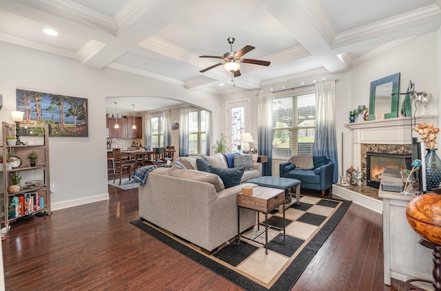 5344 Highland Place Way, Hermitage, TN 37076 - living room with ceiling fan, coffered ceiling, ornamental molding, beamed ceiling, and wood-type flooring