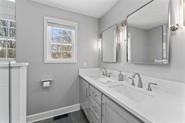full bath featuring double vanity, visible vents, a sink, and baseboards