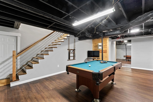 game room with baseboards, wood finished floors, and pool table