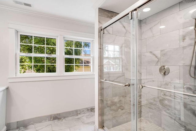 931 Caldwell Ln, Nashville, TN 37204 - full bath featuring a shower stall, visible vents, marble finish floor, and ornamental molding