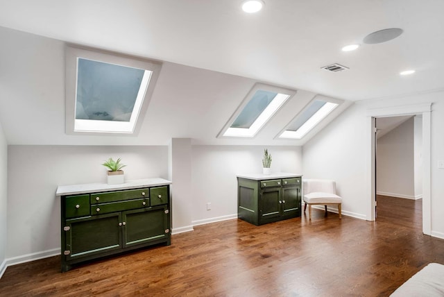 931 Caldwell Ln, Nashville, TN 37204 - additional living space with recessed lighting, visible vents, dark wood-style flooring, and lofted ceiling with skylight