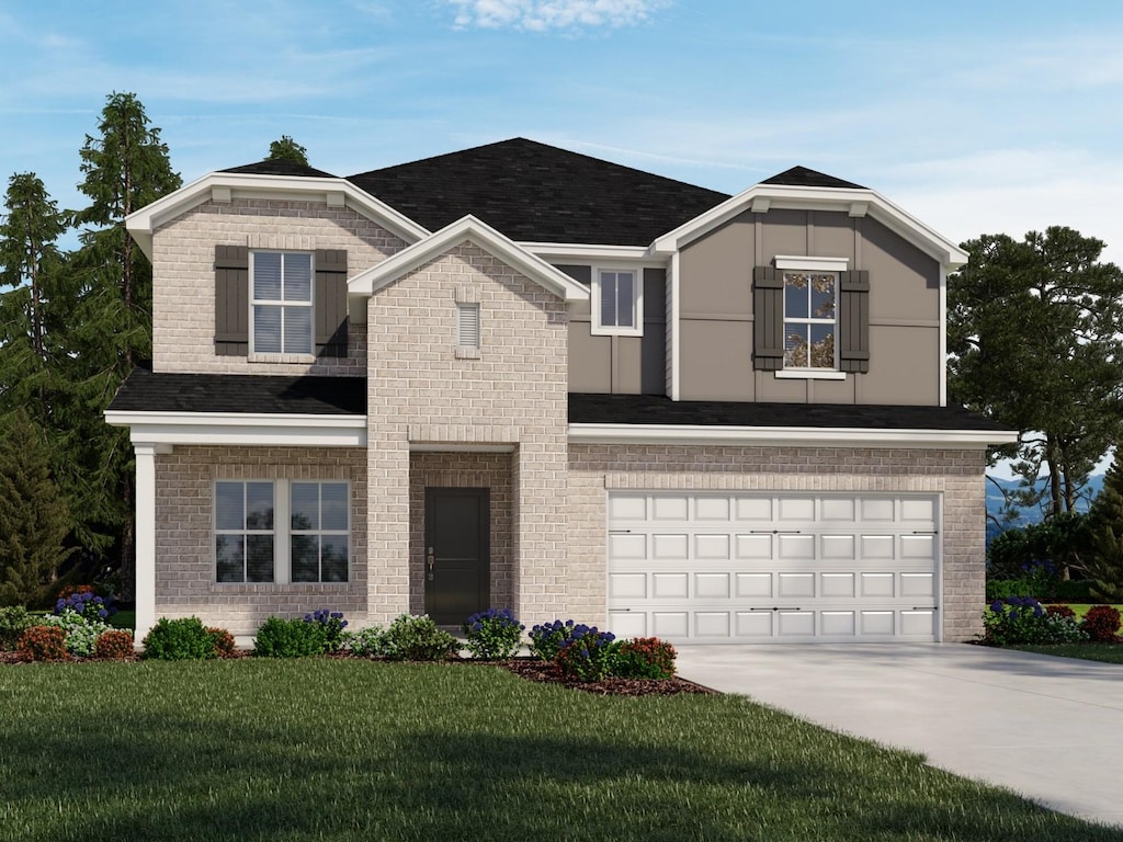 342 Zen Ct, Smyrna, TN 37167 - view of front facade with a shingled roof, an attached garage, concrete driveway, brick siding, and a front lawn