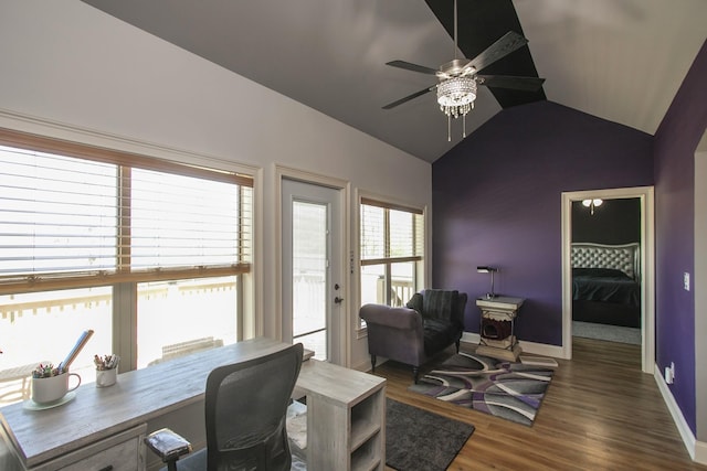 4512 General Forest Cir, Bon Aqua, TN 37025 - office area featuring baseboards, wood finished floors, vaulted ceiling, and a ceiling fan