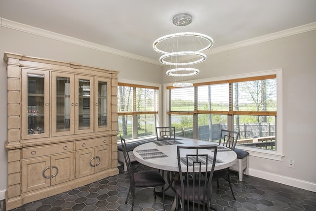 4512 General Forest Cir, Bon Aqua, TN 37025 - dining space featuring a healthy amount of sunlight, an inviting chandelier, baseboards, and ornamental molding