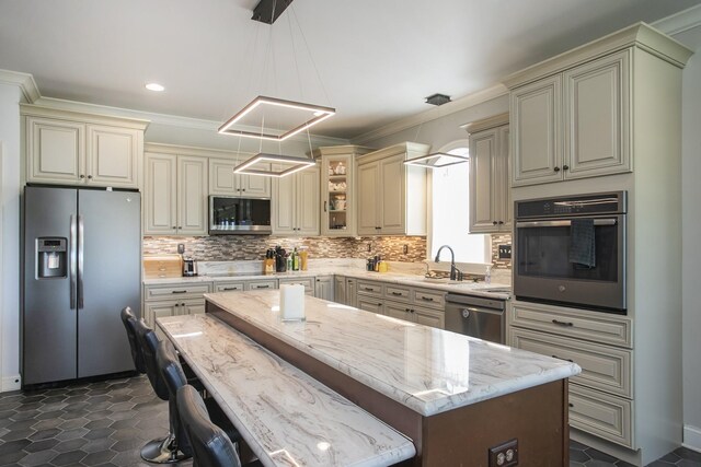 4512 General Forest Cir, Bon Aqua, TN 37025 - kitchen featuring tasteful backsplash, light stone countertops, cream cabinets, and stainless steel appliances