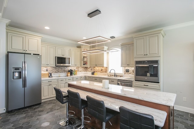4512 General Forest Cir, Bon Aqua, TN 37025 - kitchen with backsplash, appliances with stainless steel finishes, ornamental molding, and cream cabinetry