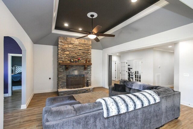 4512 General Forest Cir, Bon Aqua, TN 37025 - living room with a ceiling fan, a stone fireplace, recessed lighting, wood finished floors, and baseboards
