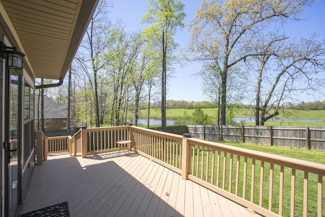 4512 General Forest Cir, Bon Aqua, TN 37025 - wooden terrace with a water view, fence, and a lawn