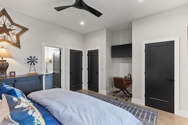 bedroom with baseboards, recessed lighting, and a ceiling fan